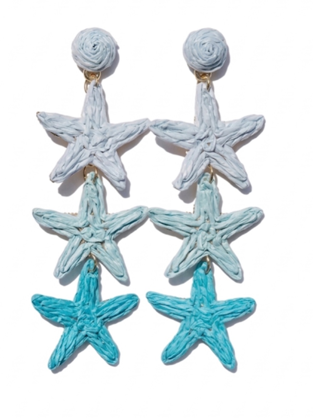 NEW Raffia Starfish Drop Earrings Blue Coastal Boho Summer Statement 3.5” - Picture 2 of 7